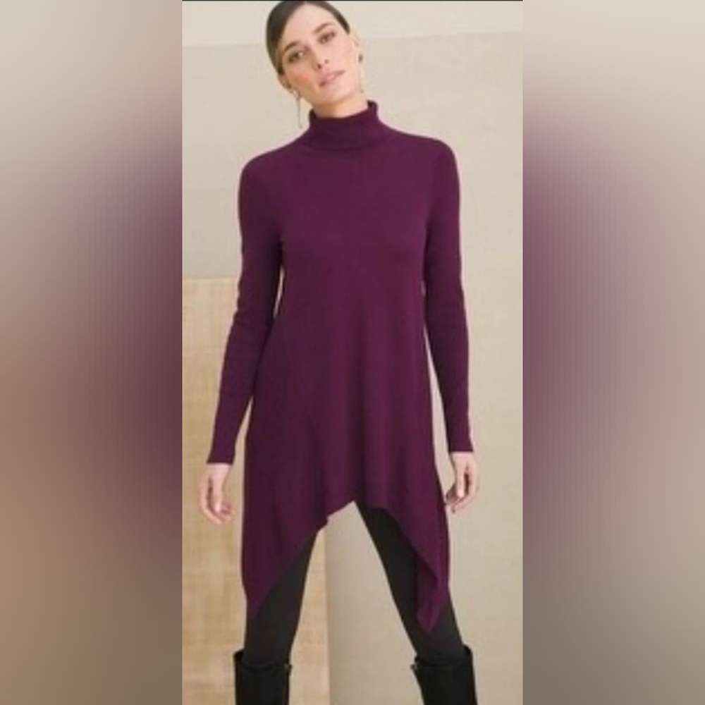 Chico's Cashmere Blend Purplish Pink Shark Bite Hem Tunic Turtle Neck sz M